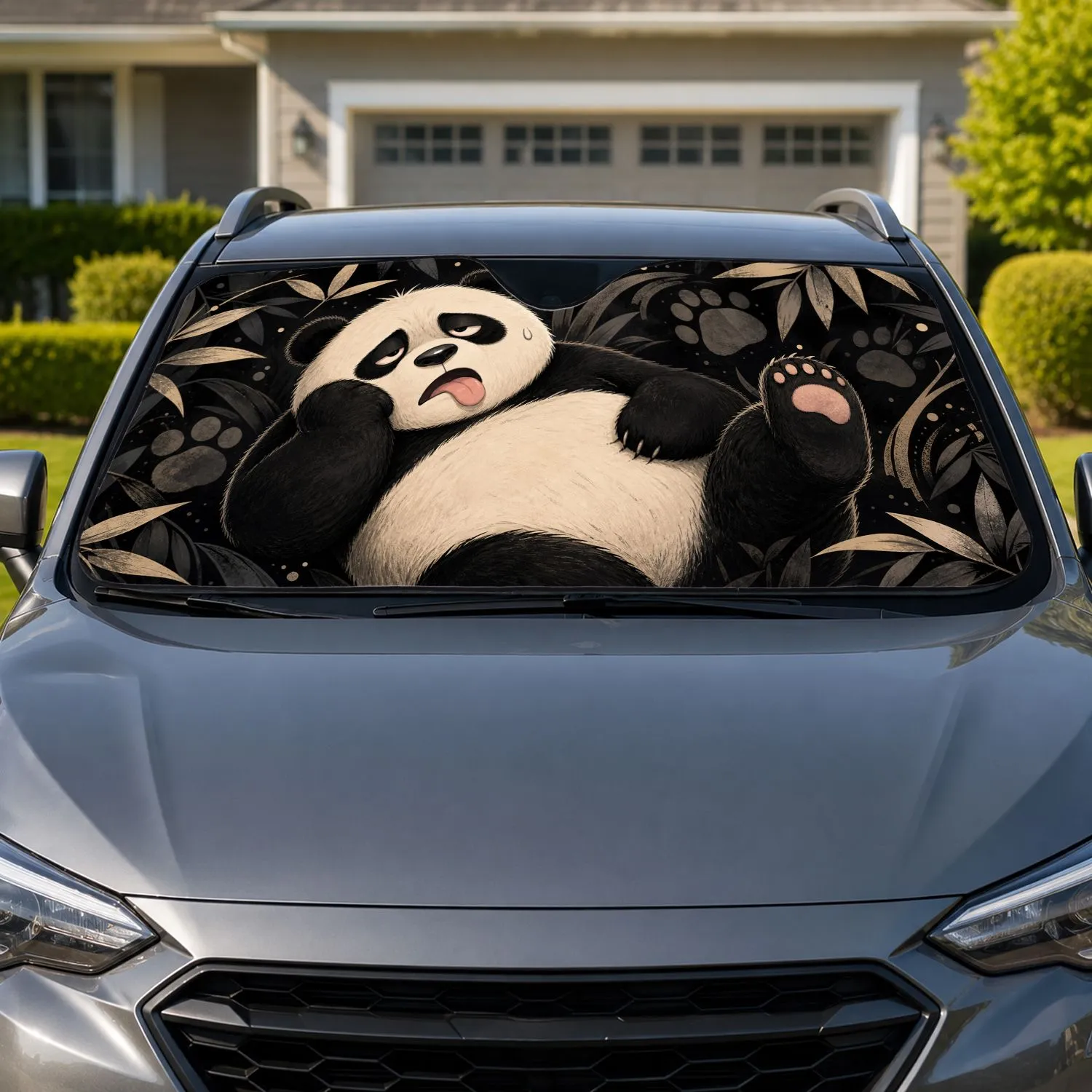 Sleepy Sweaty Panda With Bamboo Leaves For Fun Road Trip Decor And Animal Lovers Car Sunshade - 1