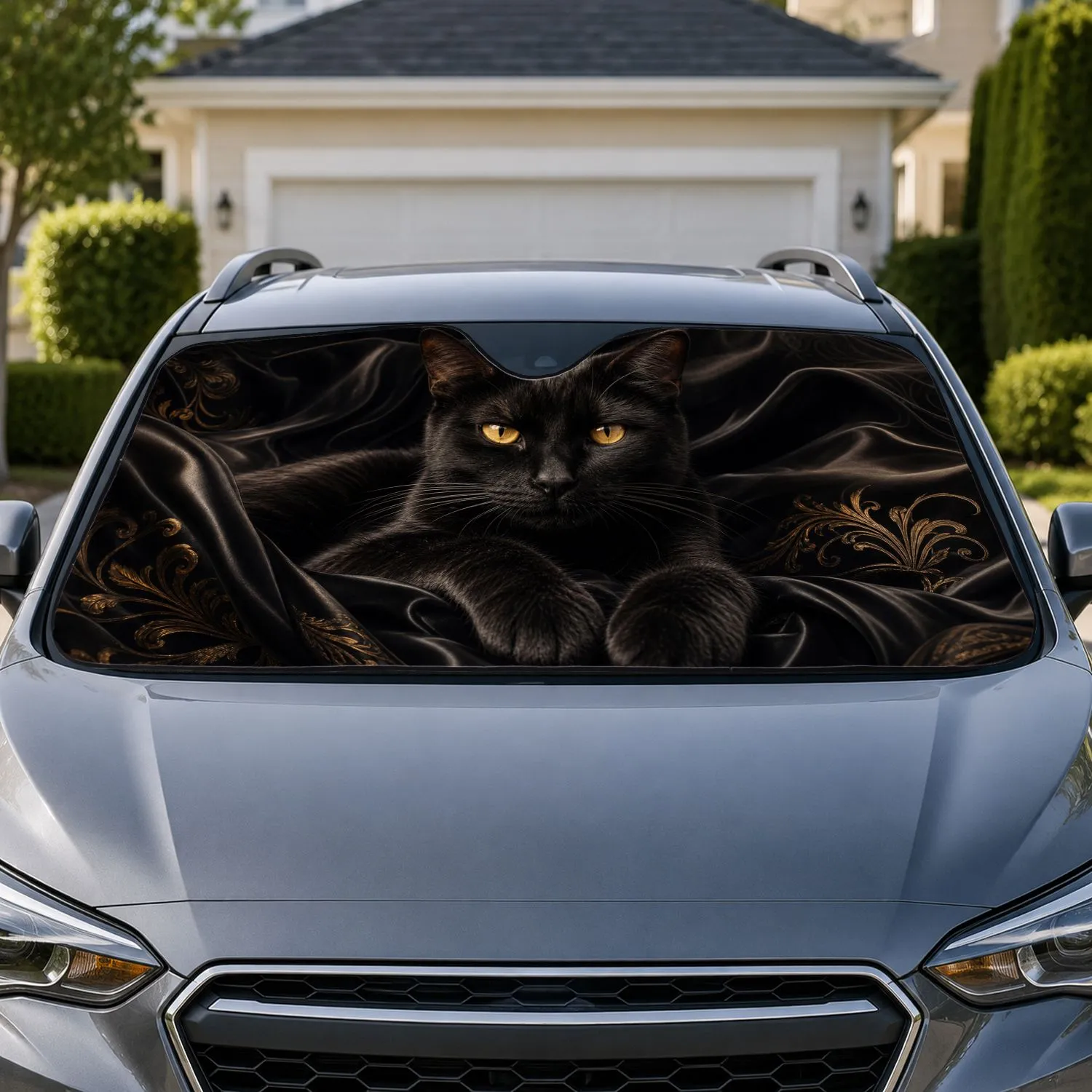 Realistic Black Cat With Amber Eyes Dark Gothic Decor For Elegant Night Drive Lovers Car Sunshade - 1