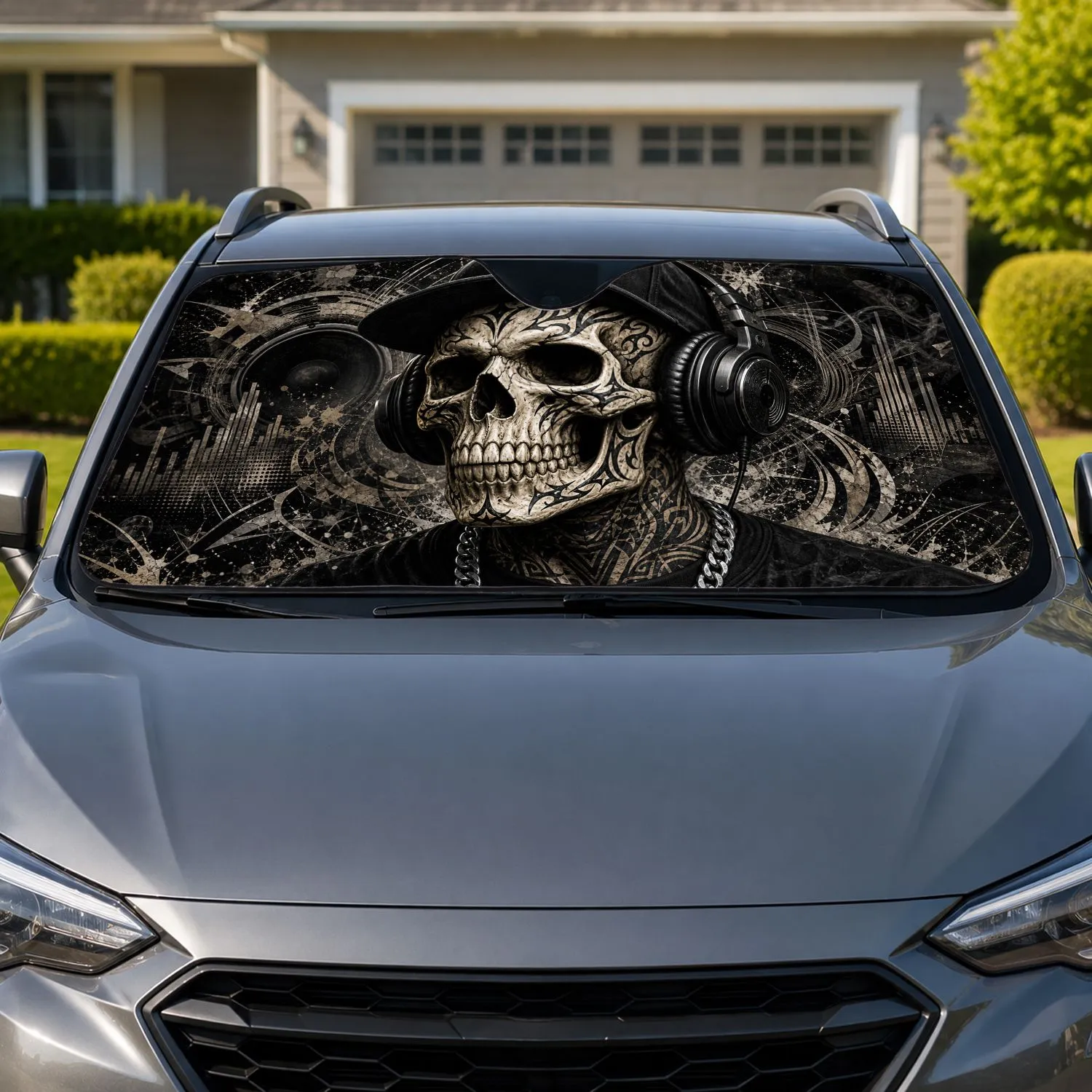 Skull With Black Headphones And Cap For Hip Hop Streetwear Driving Vibes Music Fans Car Sunshade - 1