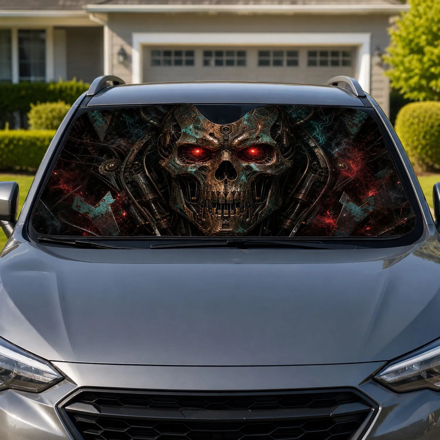 Menacing Cybernetic Skull With Red Eyes For Dark Sci Fi Daily Automotive Style Fans Car Sunshade - 1