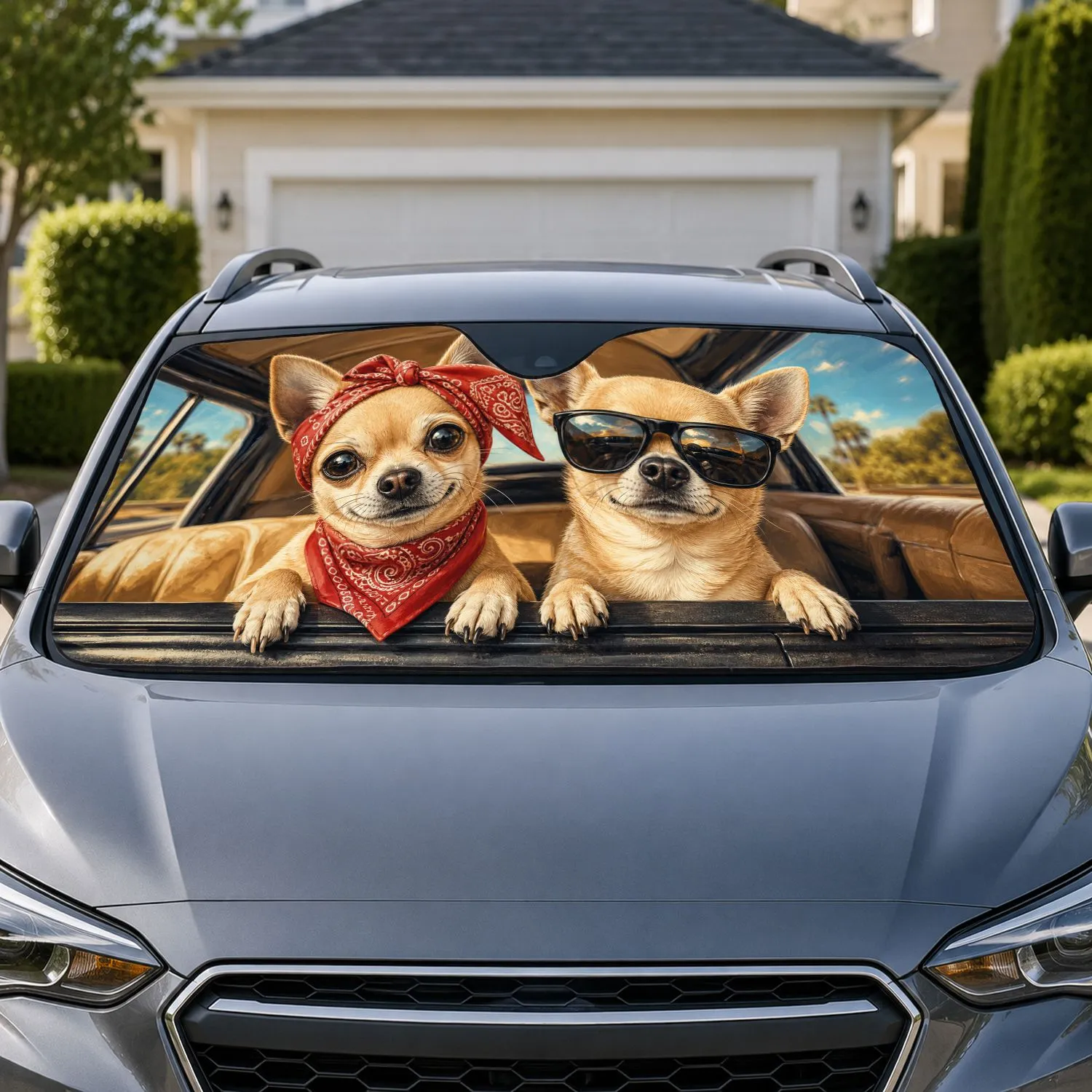 Road Trip Chihuahua Duo With Red Bandana And Sunglasses For Dog Lover Adventures Car Sunshade - 1