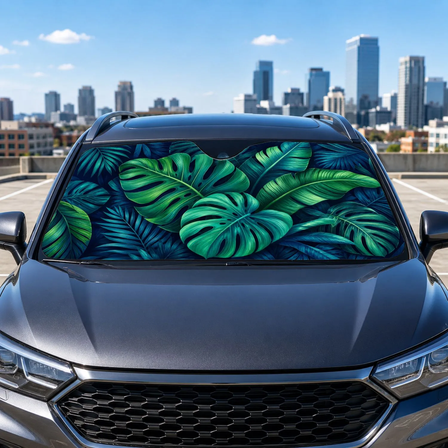Navy Tropical Monstera Palm Leaves For Summer Beach Trips And Island Style Lovers Car Sunshade - 1