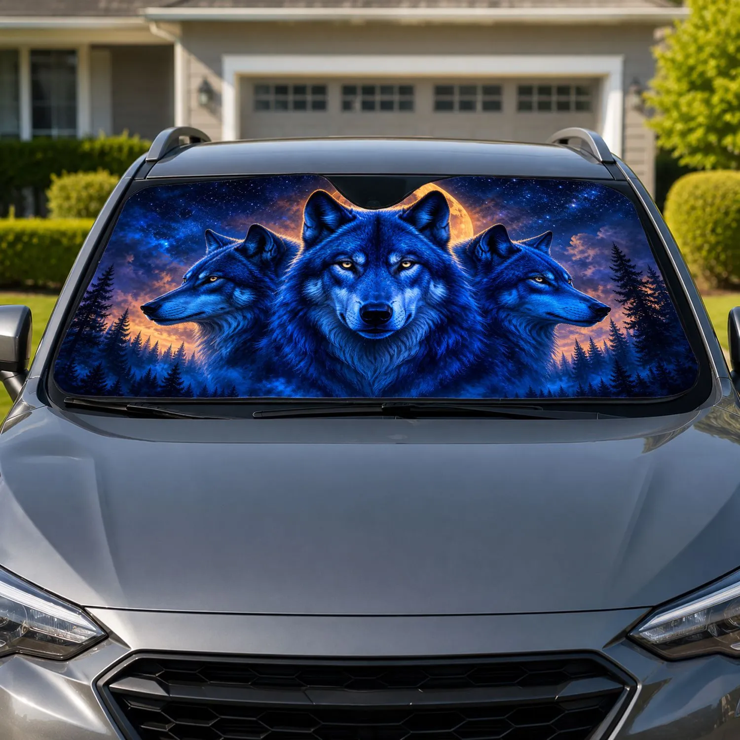 Electric Blue Three Wolf Moon Forest Fantasy Wildlife For Road Trip Cabin Style Fans Car Sunshade - 1
