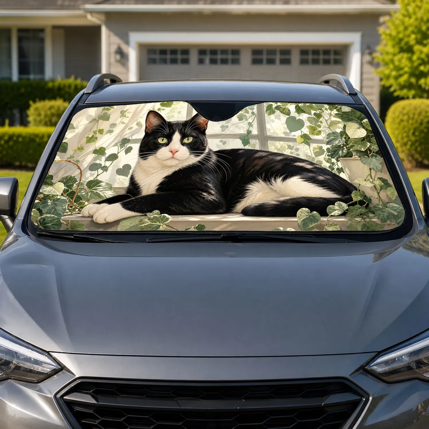 Tuxedo Cat On Sunny Windowsill With Houseplants For Cozy Summer Driving Decor Gift Car Sunshade - 1