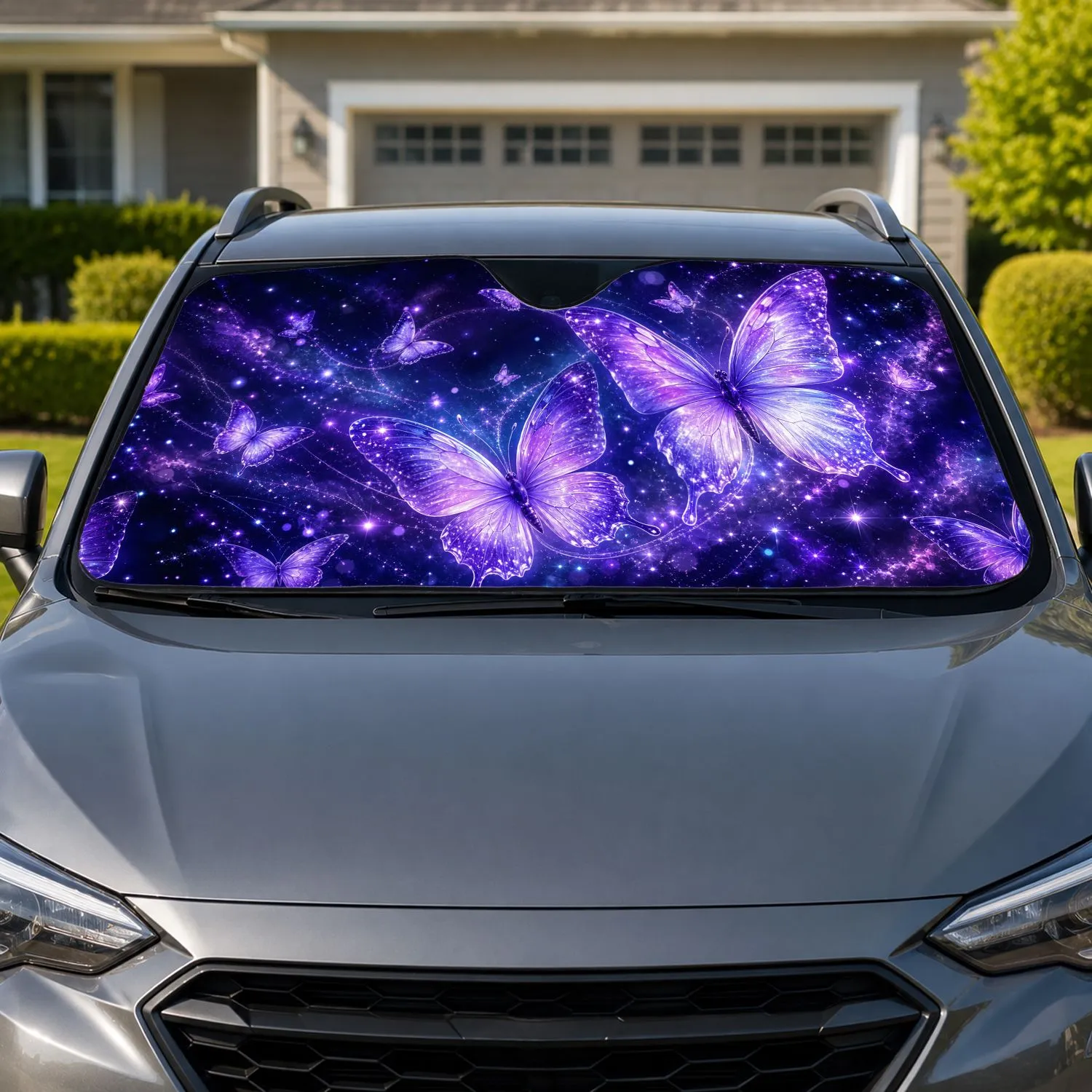 Luminous Purple Butterflies And Starlight Night Sky For Dreamy Summer Parking Escape Car Sunshade - 1
