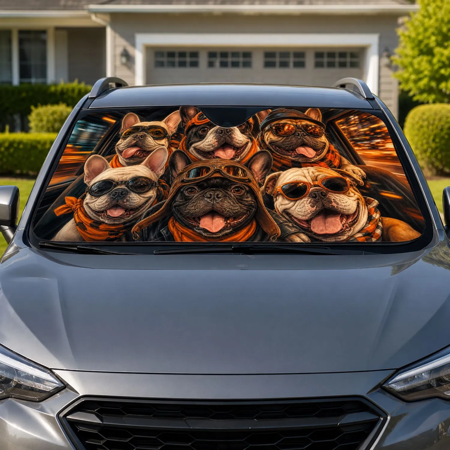 French Bulldog Road Trip Crew With Aviator Goggles For Dog Lovers And Daily Travelers Car Sunshade - 1