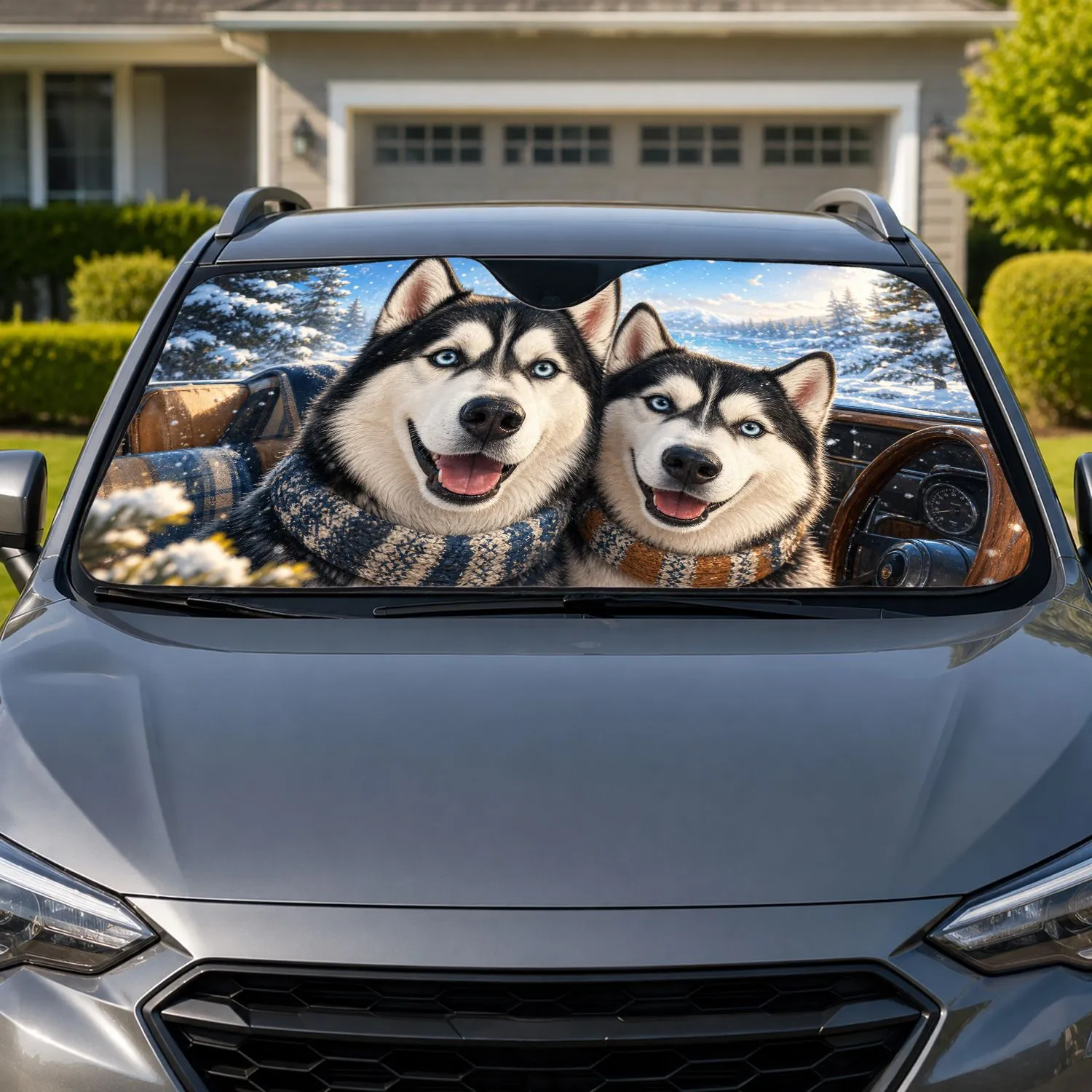 Cute Siberian Husky Dogs In Cozy Winter Road Trip Scene For Dog Lovers And Travelers Car Sunshade - 1