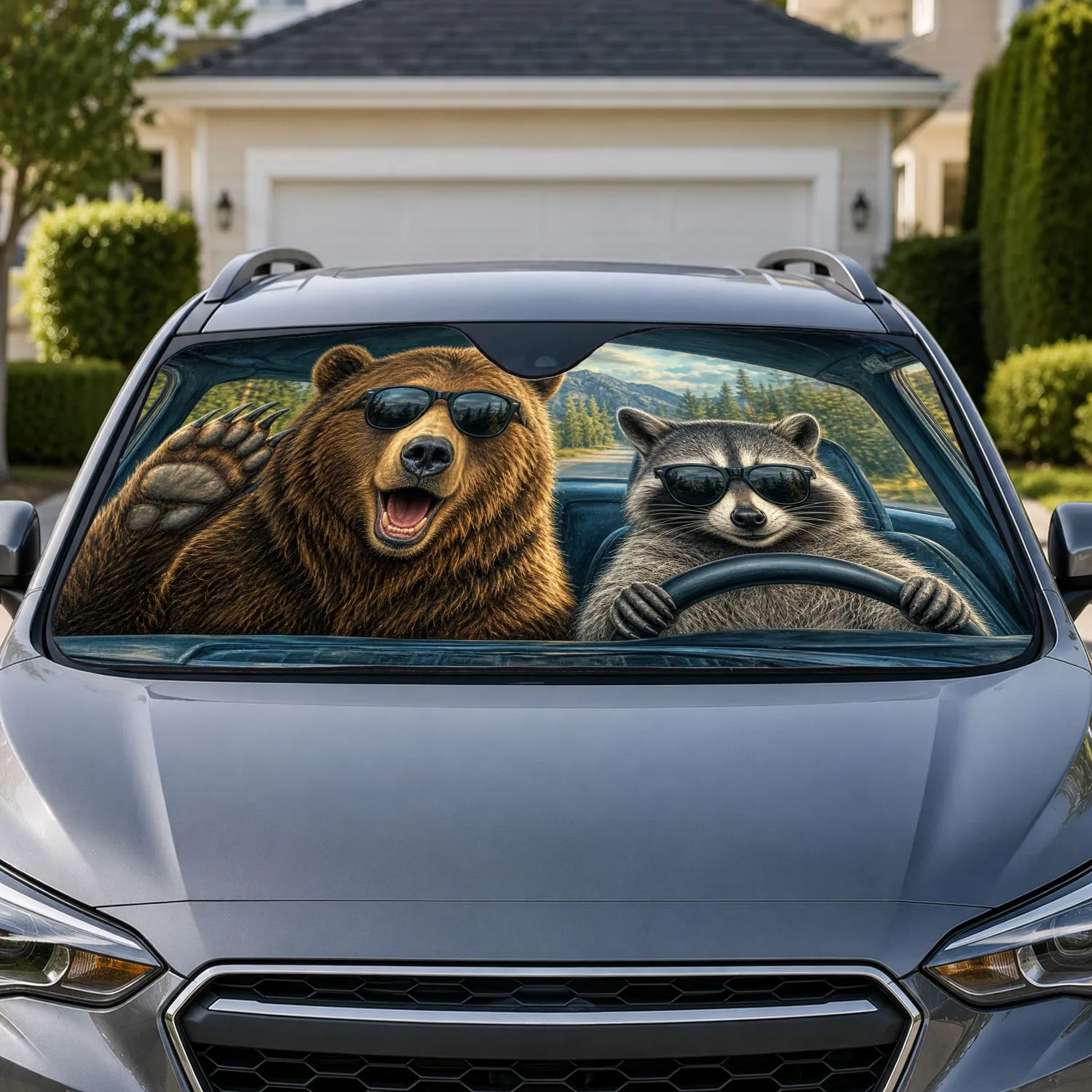 Realistic Bear And Raccoon Road Trip Cabin Scene For Woodland Travel Lovers And Drivers Car Sunshade - 1