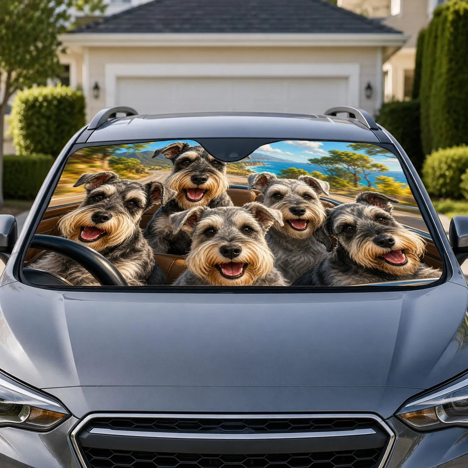 Happy Schnauzer Dog Pack Road Trip Scene For Travel Adventures And Pet Lovers Gift Car Sunshade - 1