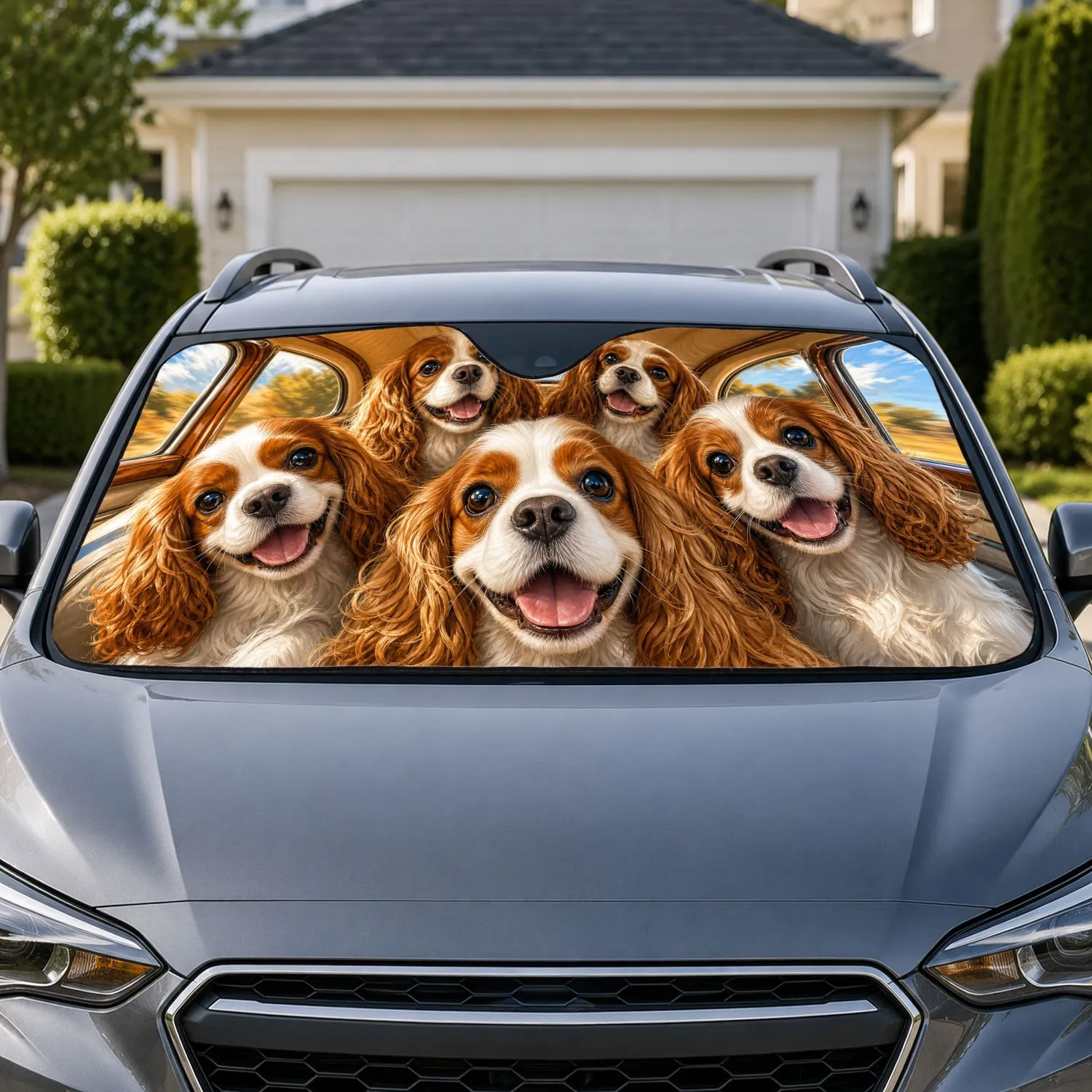Five Cavalier King Charles Spaniels In Cozy Road Trip Cabin Scene For Dog Lovers Car Sunshade - 1