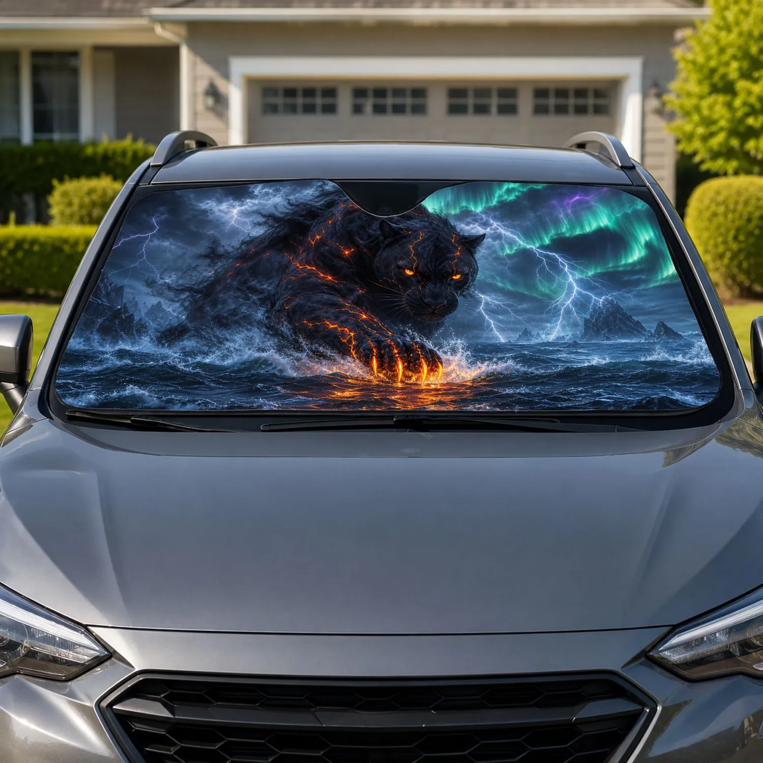 Black Panther Storm Beast With Aurora Lightning For Dark Fantasy Road Trip Style Car Sunshade - 1