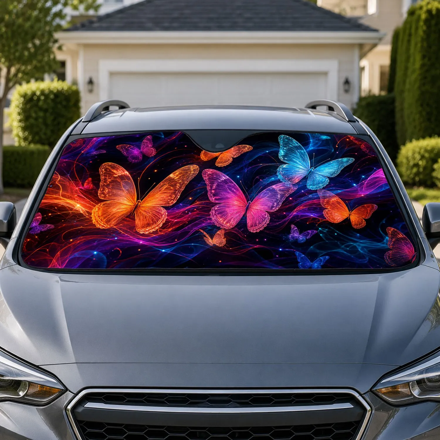 Luminous Neon Butterflies On Black For Dreamy Night Drive Decor And Butterfly Lovers Car Sunshade - 1