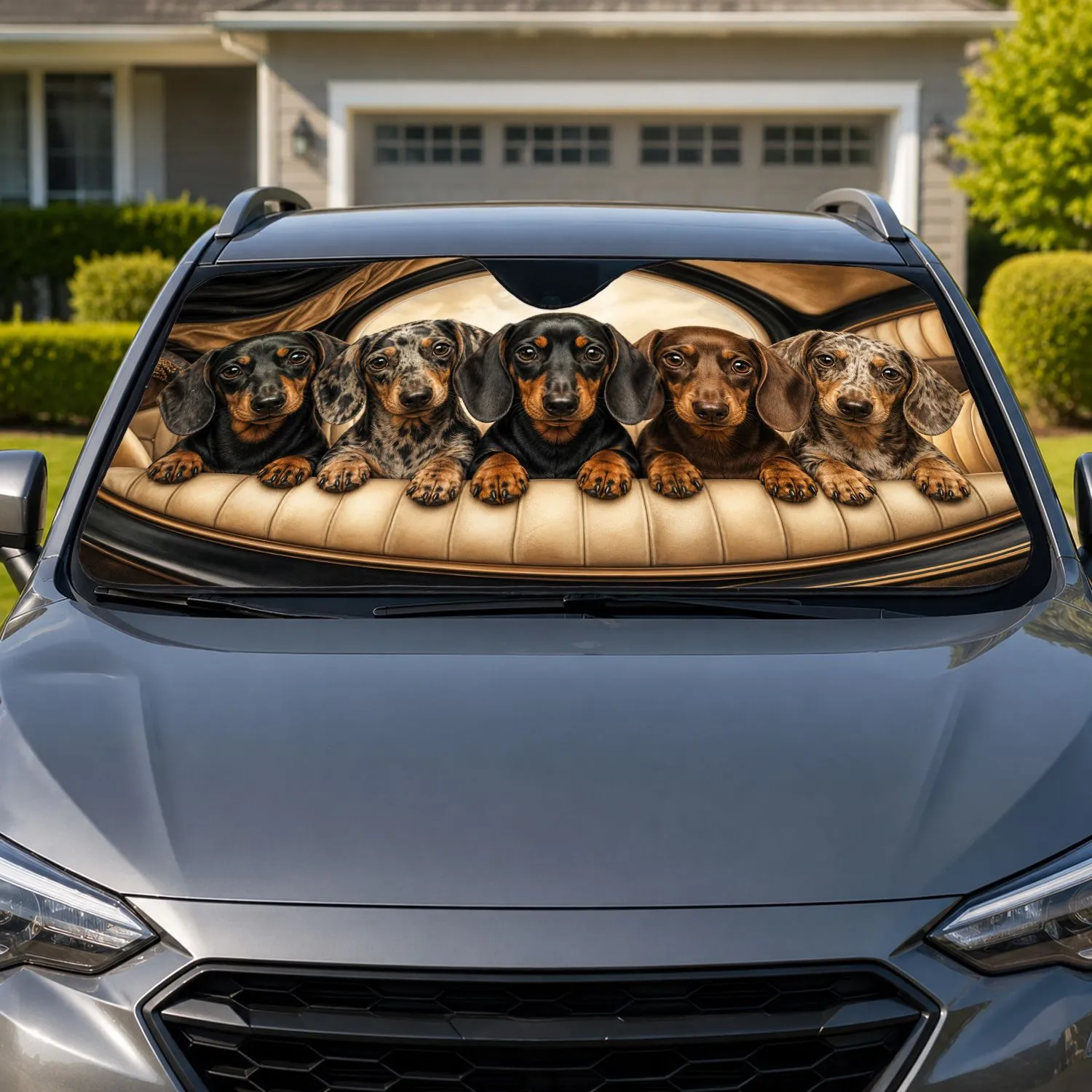 Realistic Five Dachshunds In Cozy Travel Cabin Decor For Dog Lovers And Road Trips Car Sunshade - 1