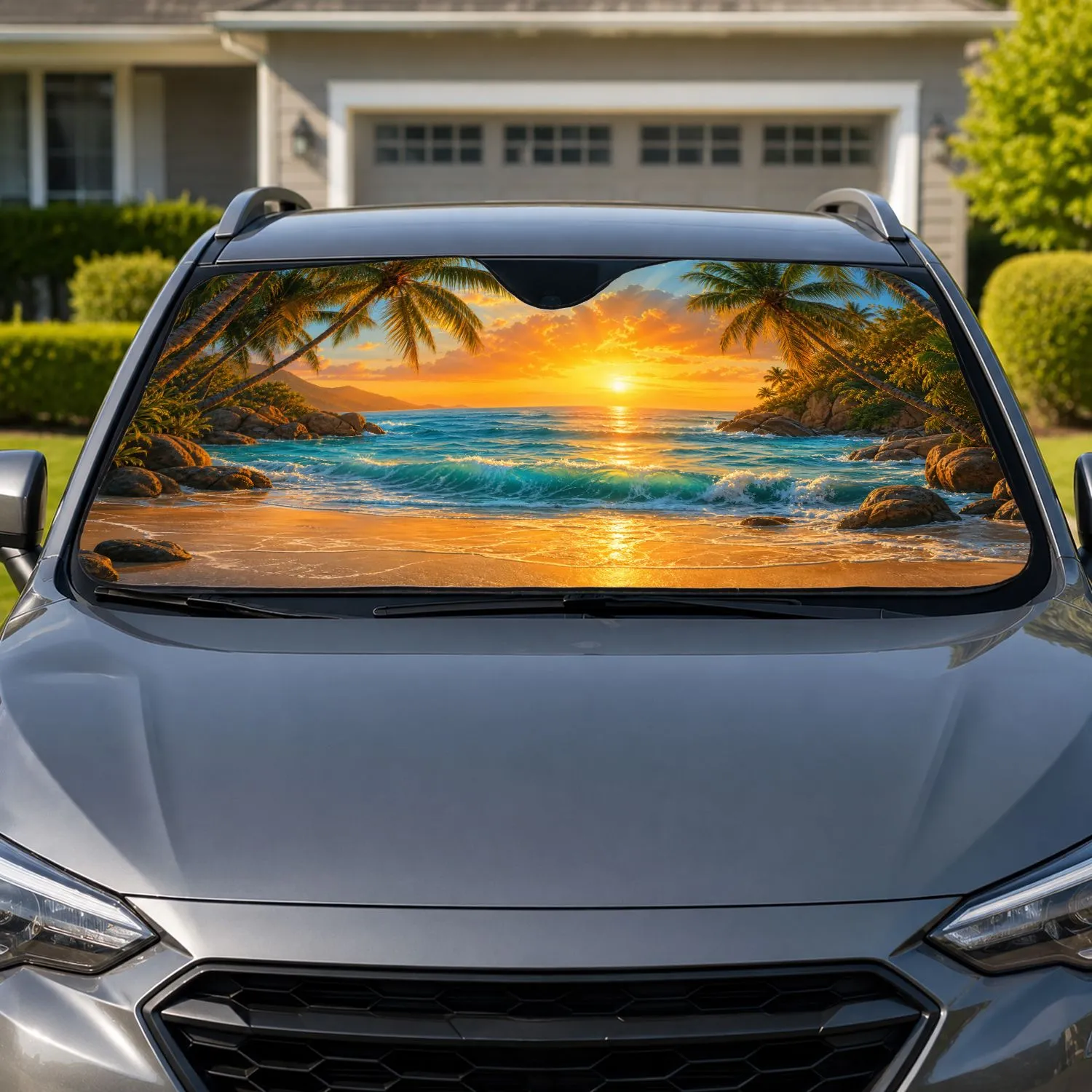 Tropical Beach Sunrise Ocean Cove With Palms For Coastal Vacation Daily Style Lovers Car Sunshade - 1