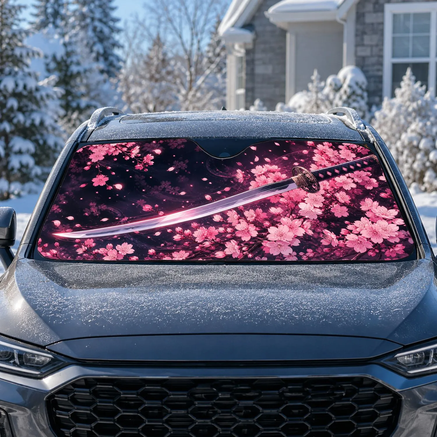 Sakura Cherry Blossom Katana Navy Anime Floral Decor For Japanese Aesthetic Fans Car Sunshade - 1