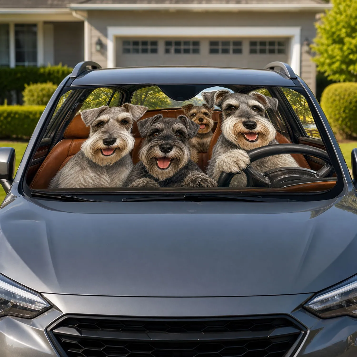 Happy Schnauzer Road Trip Crew With Cozy Cabin Travel Vibes For Dog Lovers And Pet Parents Car Sunshade - 1