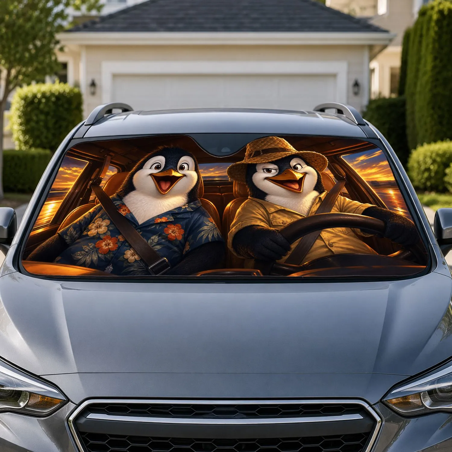 Happy Penguin Road Trip Cabin Scene For Cozy Summer Travel And Wildlife Lover Gifts Car Sunshade - 1
