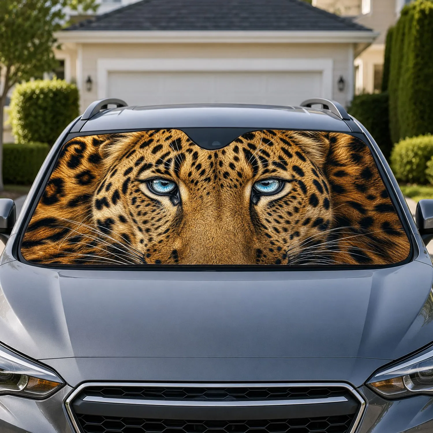 Icy Blue Leopard Eyes And Golden Spotted Fur For Wild Safari Style Daily Commuters Car Sunshade - 1