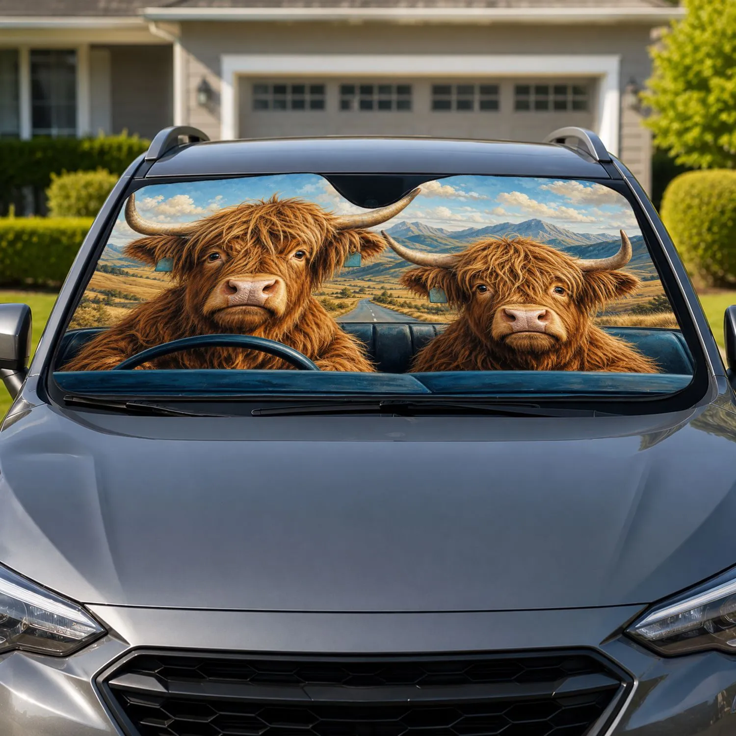 Highland Cow Road Trip Duo With Scenic Countryside Vibes For Rustic Animal Lovers Car Sunshade - 1