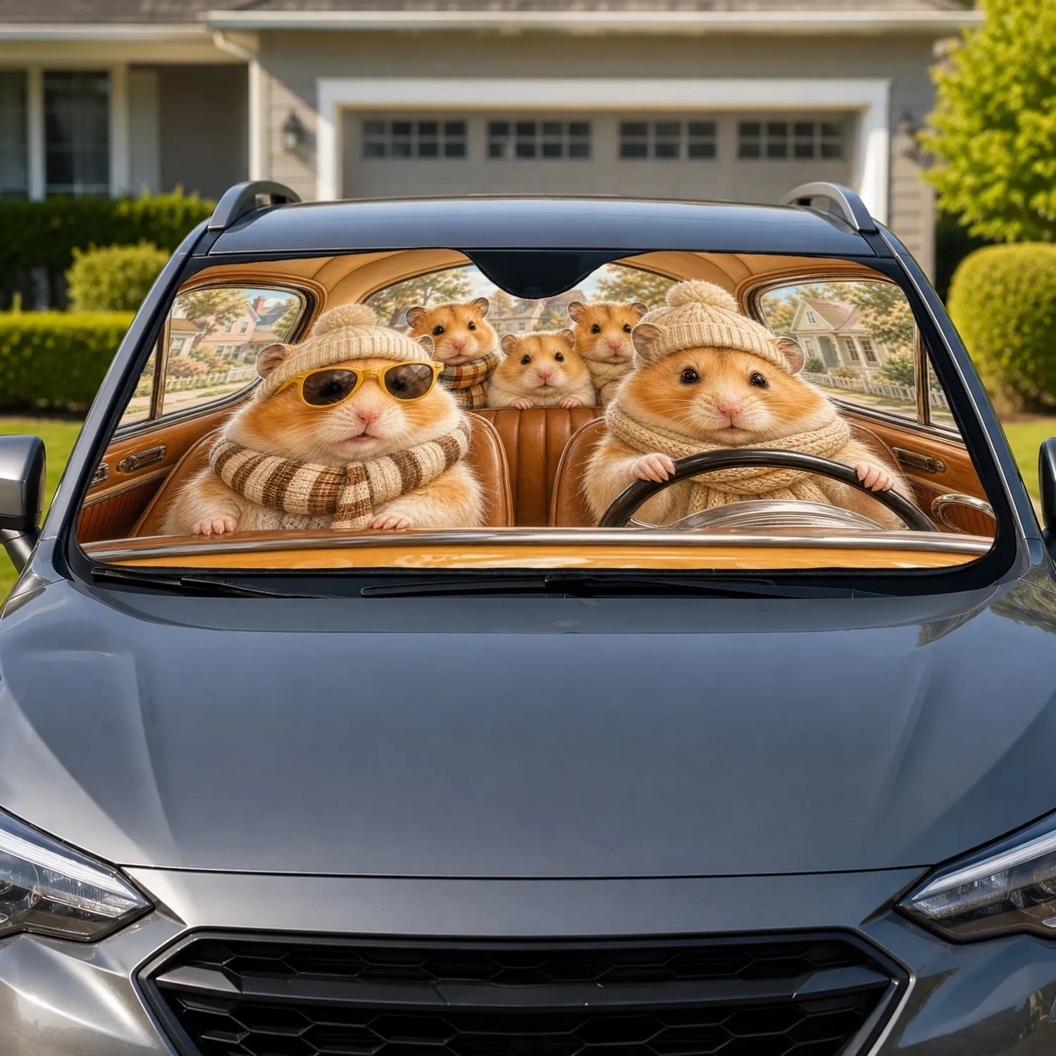 Cozy Hamster Road Trip Retro Van Cabin Scene For Cute Animal Lovers And Travelers Car Sunshade - 1