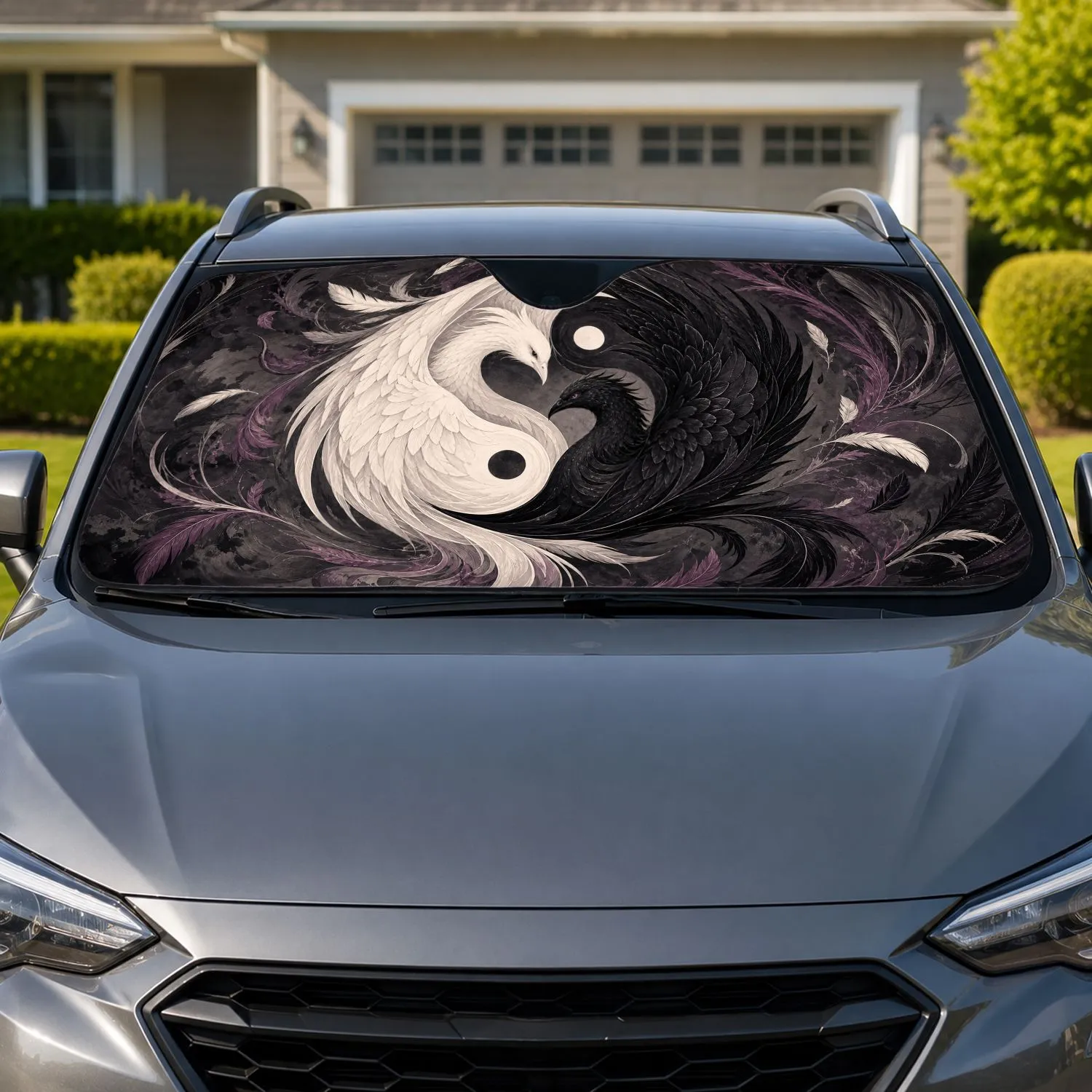 Yin Yang Twin Birds With Charcoal Plum Feathers For Zen Travel And Boho Style Lovers Car Sunshade - 1