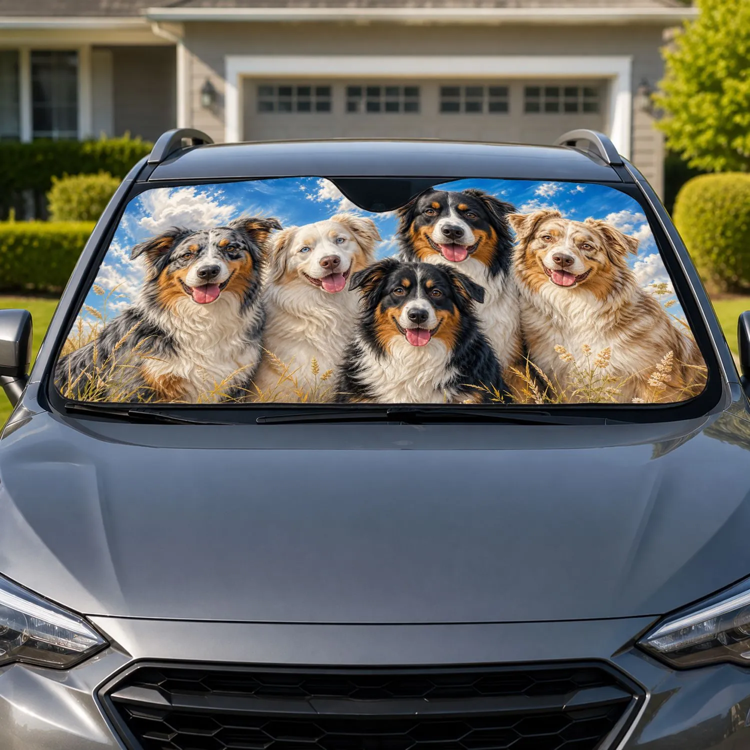 Five Australian Shepherd Dogs In Blue Sky Clouds Road Trip Gift For Aussie Lovers Car Sunshade - 1