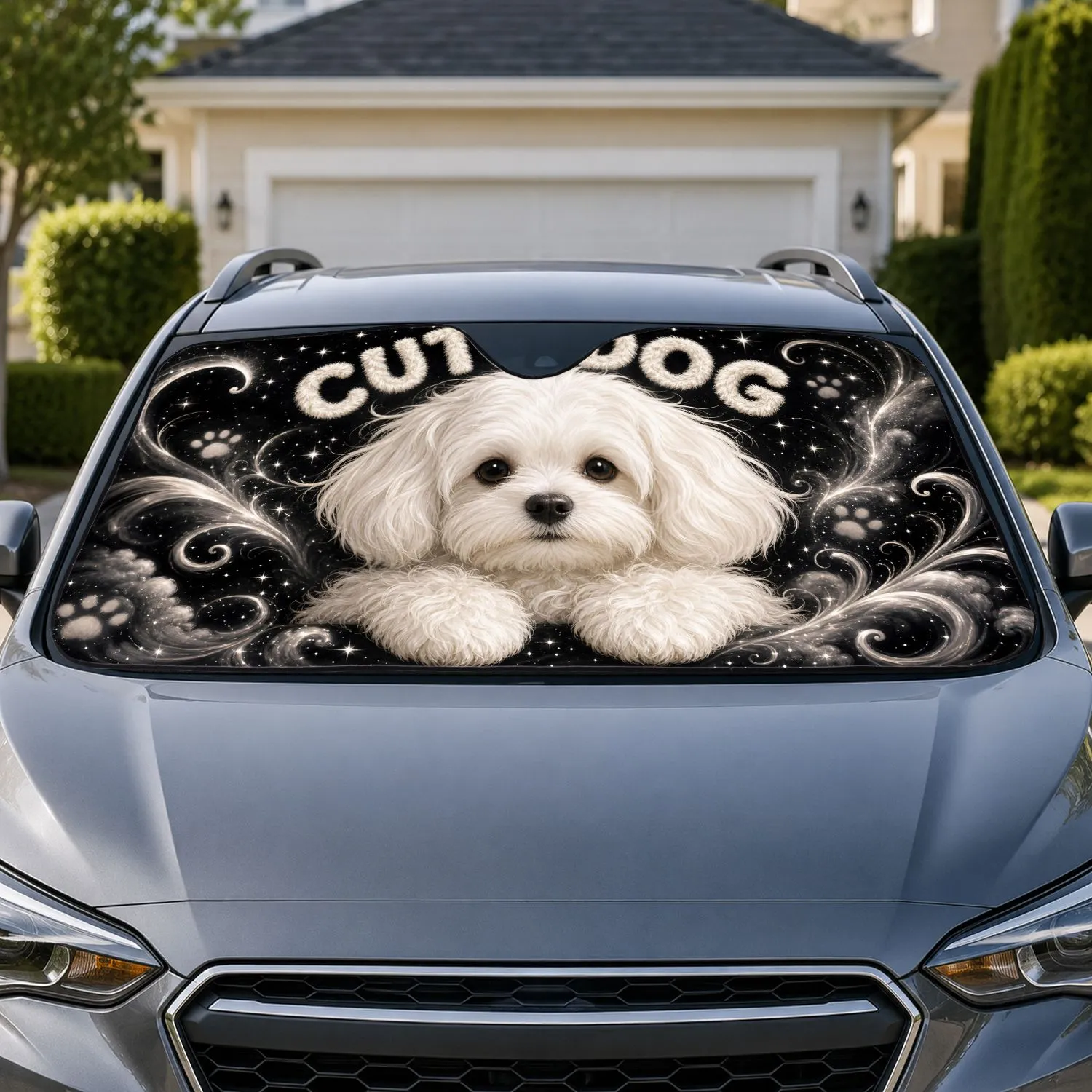 Cute Maltese Dog With Cream Fur Letters And Celestial Sparkles For Daily Commutes Car Sunshade - 1
