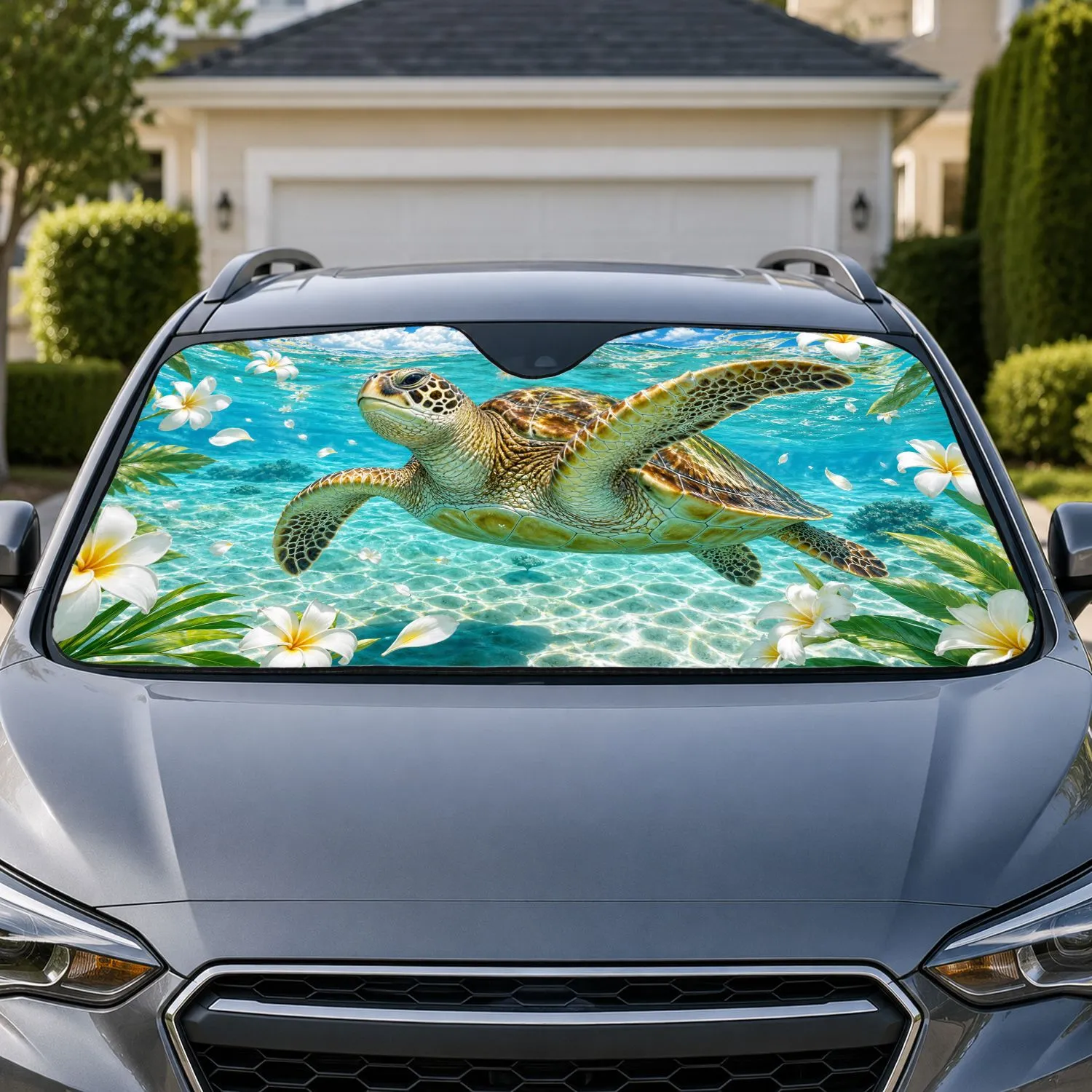 Realistic Sea Turtle In Turquoise Lagoon With Plumeria For Daily Tropical Beach Vibes Car Sunshade - 1