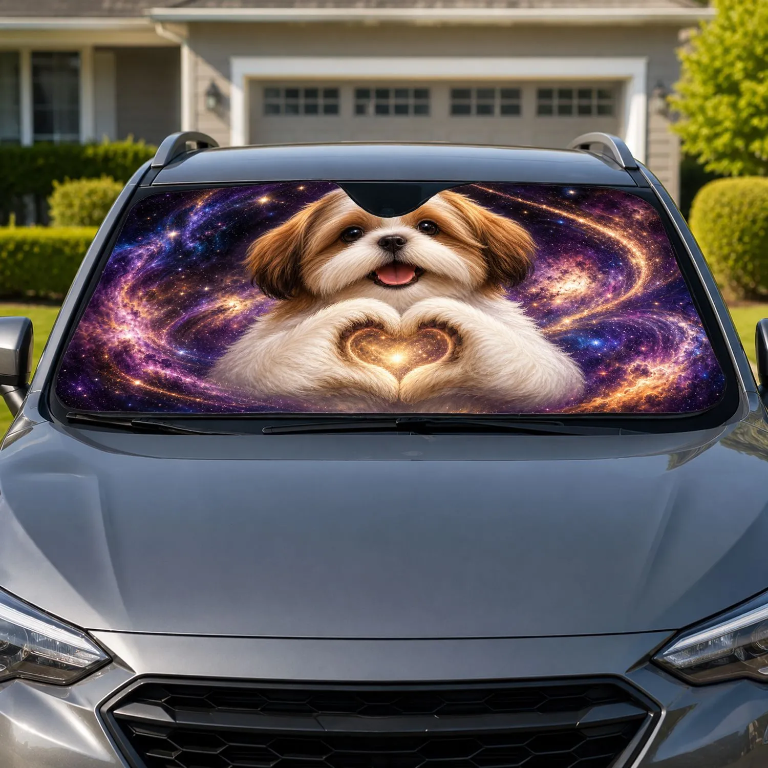Realistic Shih Tzu Puppy With Heart Paws Galaxy Stars For Dog Lovers Road Trips Gift Car Sunshade - 1
