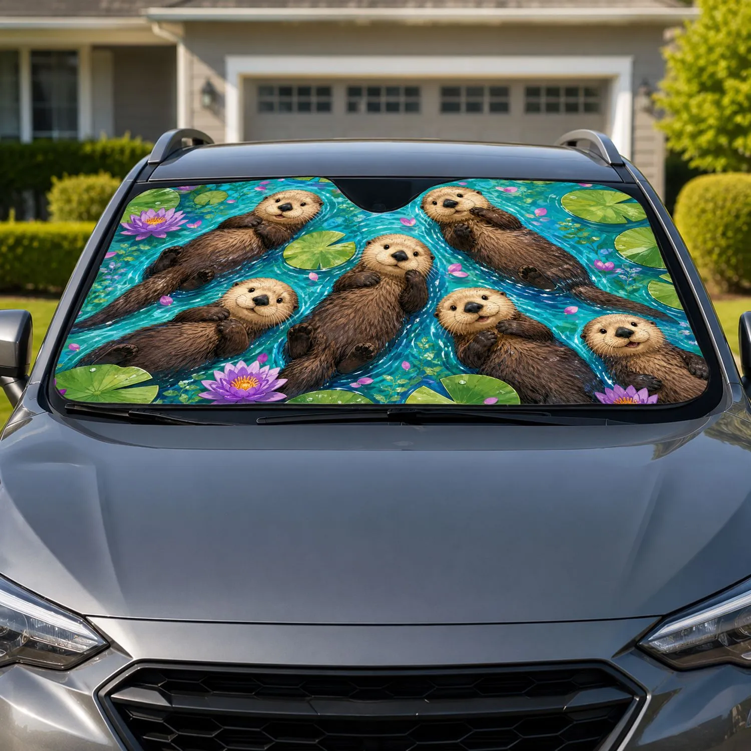 Cute River Otters With Water Lilies Aqua Pond Travel Decor For Animal Lovers Kids Car Sunshade - 1