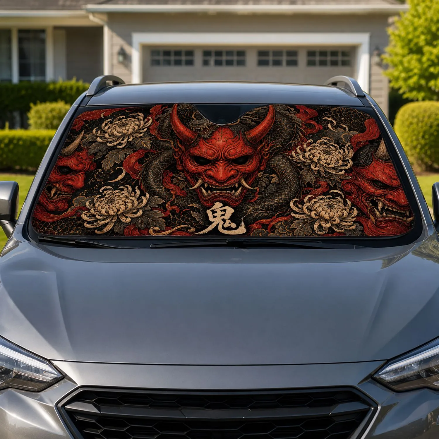 Crimson Oni Mask Dragon Japanese Tattoo Style UV Heat Blocker For SUV Truck Road Trips Car Sunshade - 1