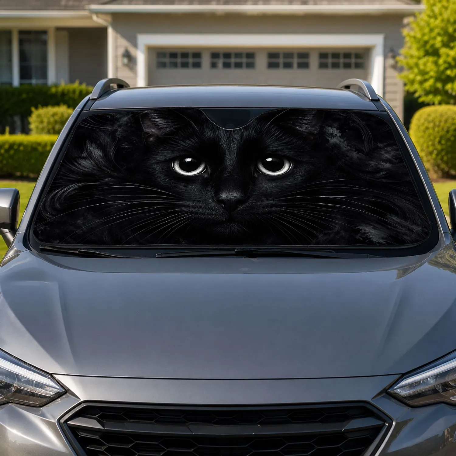 Black Cat Face With Glowing Eyes For Dark Aesthetic Gothic Decor And Halloween Cat Lovers Car Sunshade - 1