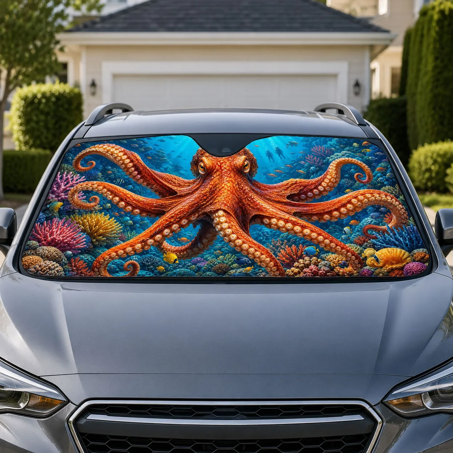 Giant Octopus Underwater Ocean Reef Scene For Coastal Road Trips And Marine Life Fans Car Sunshade - 1