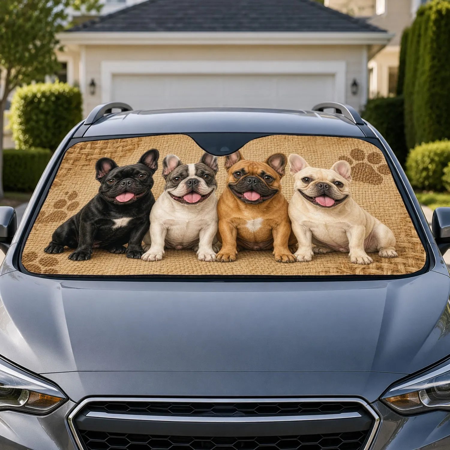 French Bulldog Quartet On Beige Woven Texture For Dog Lovers Road Trip Decor Gift Car Sunshade - 1