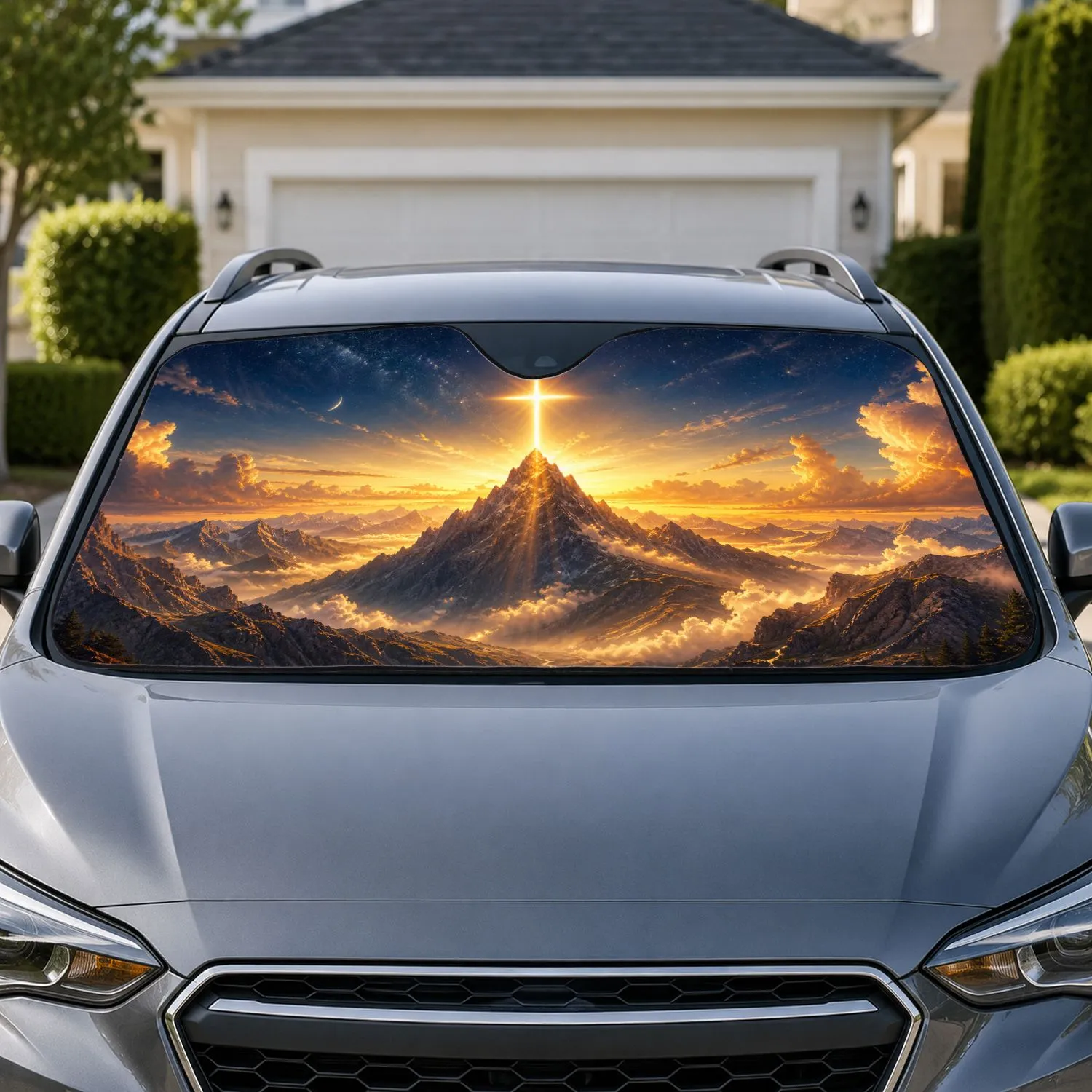 Glowing Holy Cross Over Majestic Mountains For Christian Road Trips And Daily Commutes Car Sunshade - 1