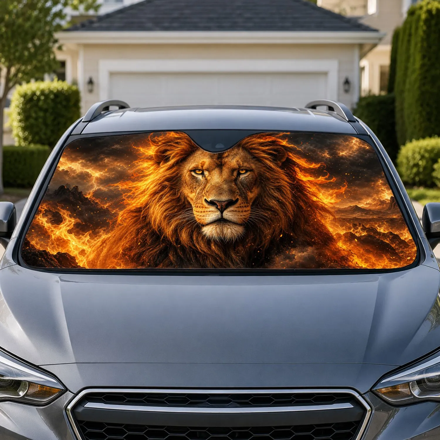 Fiery Lion With Golden Eyes And Stormy Desert Flames For Bold Wildlife Adventure Lovers Car Sunshade - 1
