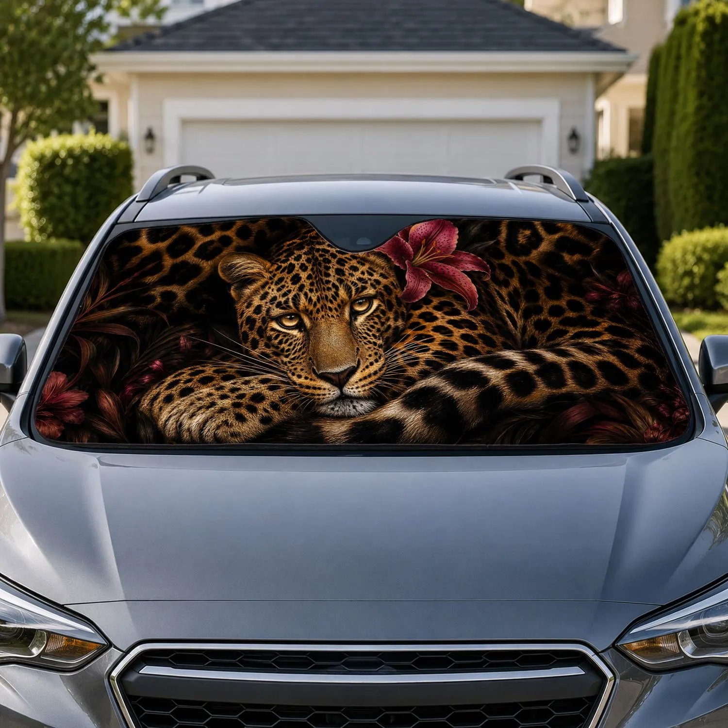 Resting Leopard With Rose Lily Moody Jungle Wildlife Decor For Safari Road Trips Car Sunshade - 1