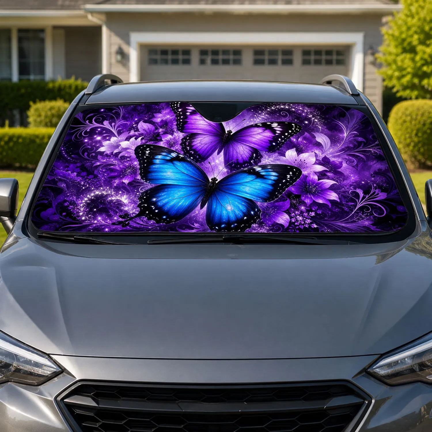 Luminous Blue Purple Butterflies Dark Floral Fantasy For Boho Goth Drivers Decor Car Sunshade - 1