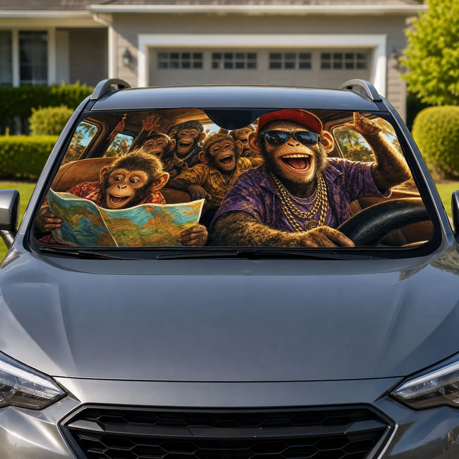 Hip Hop Monkey Road Trip Crew With Warm Cabin Vibes For Family Travel Adventure Lovers Car Sunshade - 1