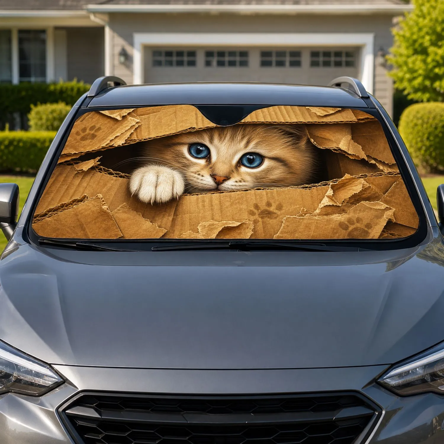 Realistic Blue Eyed Kitten Peeking From Cardboard Box For Cat Lovers And Pet Owners Car Sunshade - 1