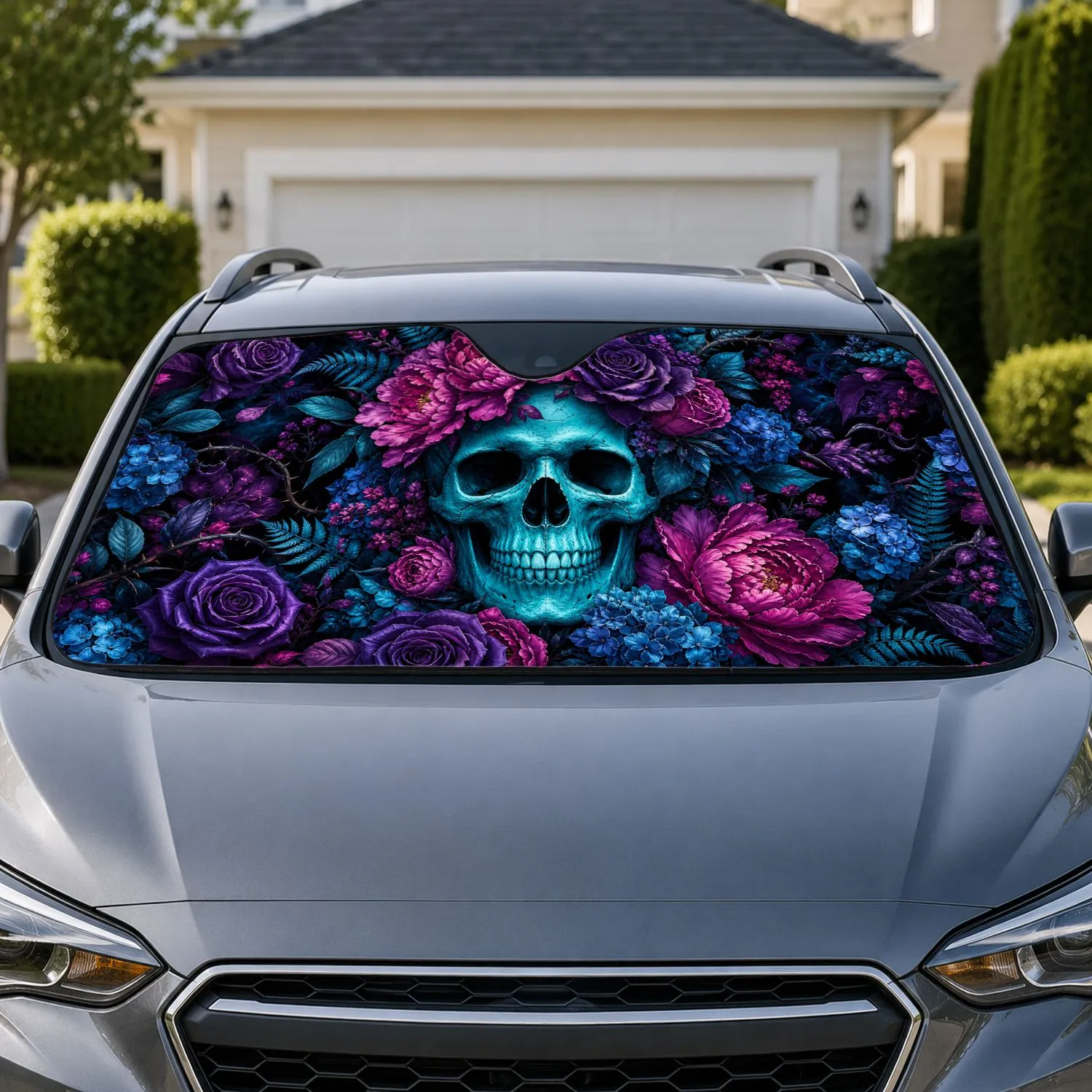 Turquoise Skull With Gothic Flowers For Dark Botanical Style And Alternative Drivers Car Sunshade - 1