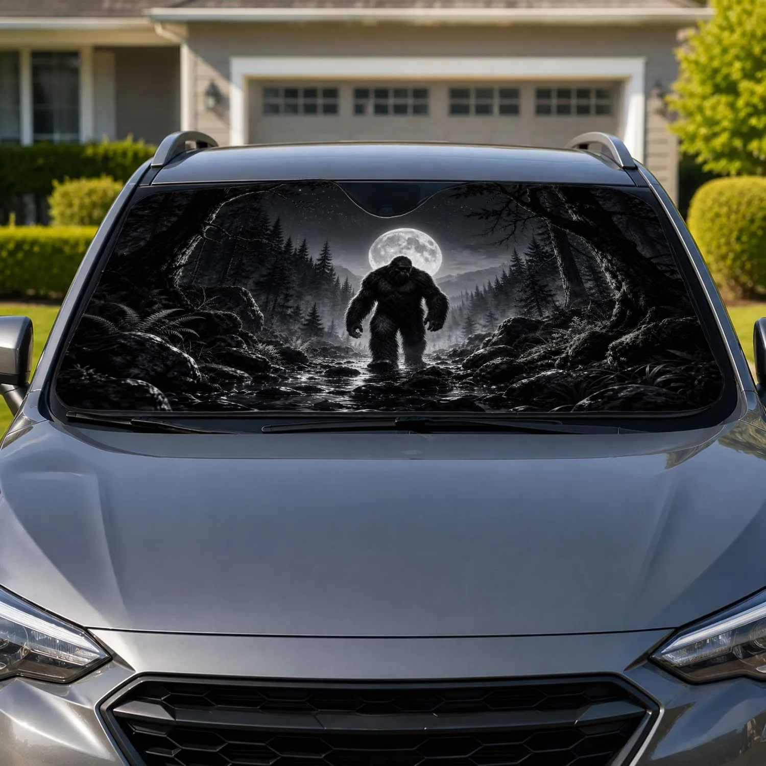 Moonlit Sasquatch Forest Scene For Gothic Outdoor Adventure Fans And Bigfoot Lovers Car Sunshade - 1