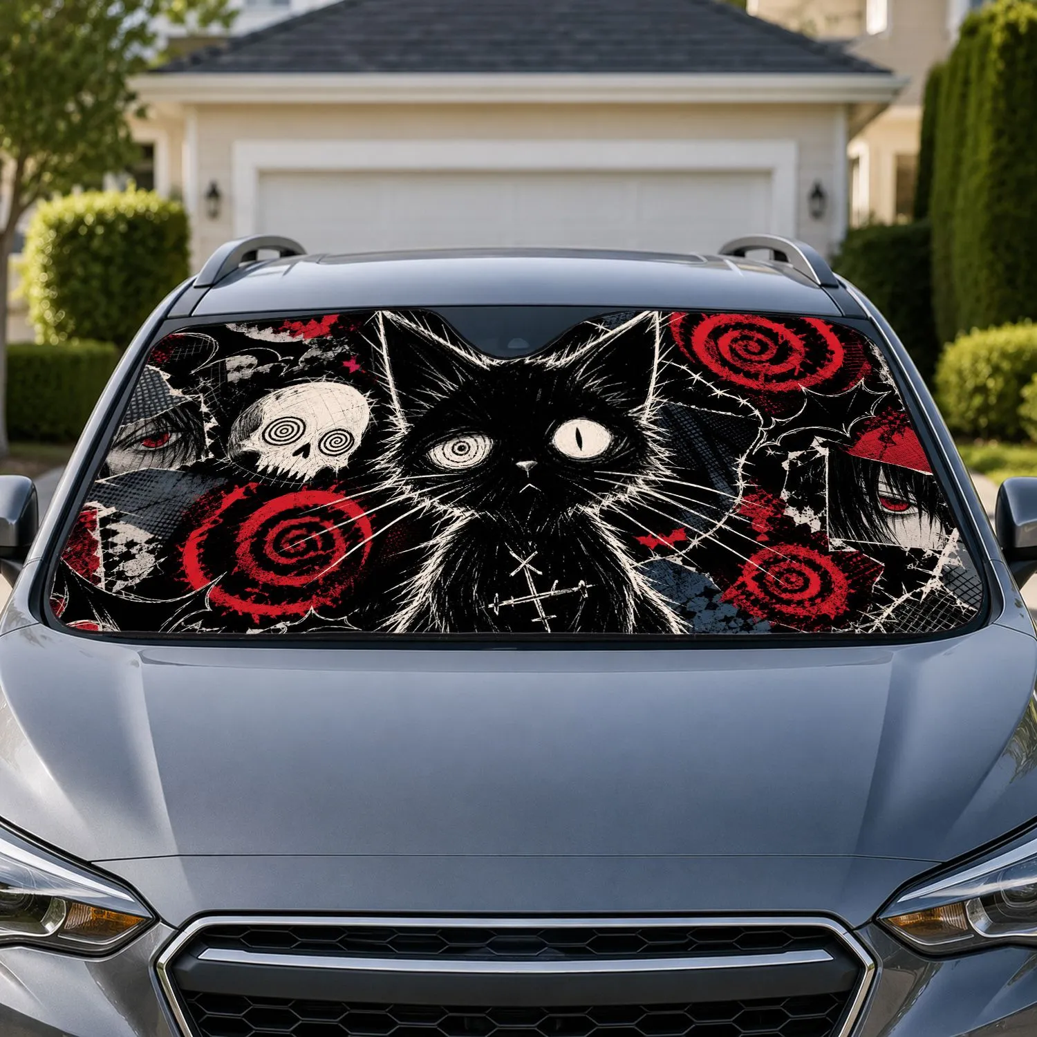 Gothic Punk Black Cat With Skull And Crimson Spirals For Dark Anime Fans And Manga Lovers Car Sunshade - 1