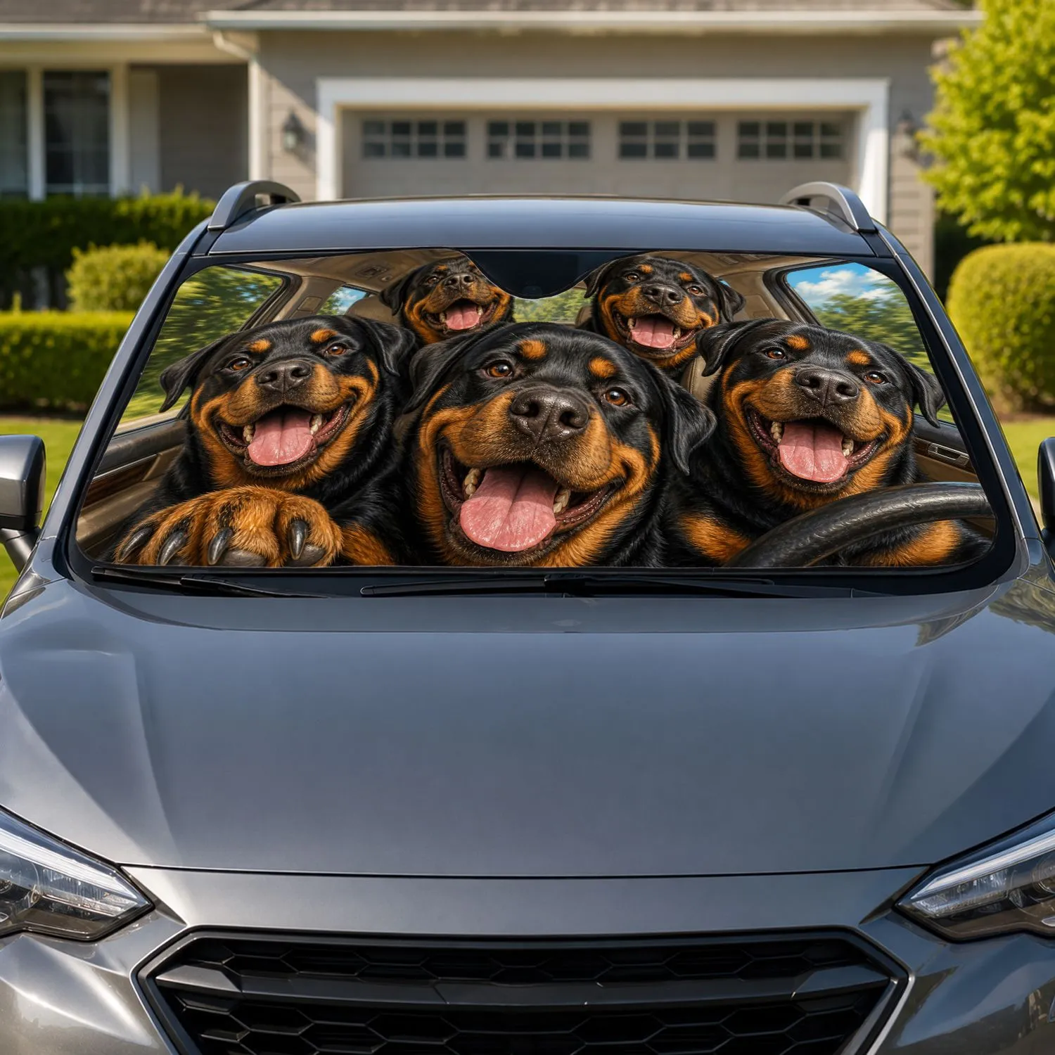 Joyful Rottweiler Pack Selfie In Vehicle Cabin For Dog Lover Road Trip Gift Decor Car Sunshade - 1