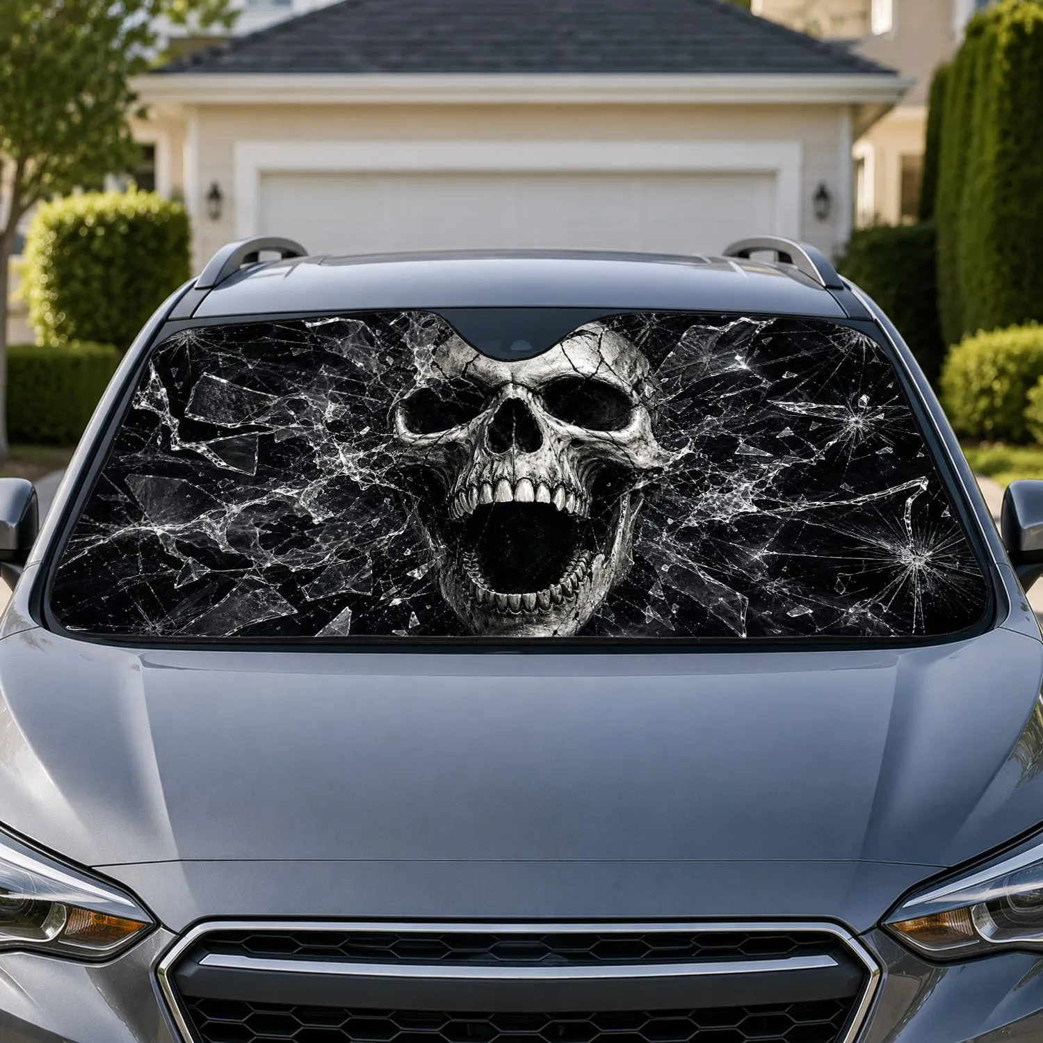 Screaming Skull Broken Glass Gothic Horror Style For Metal Fans And Dark Daily Rides Car Sunshade - 1