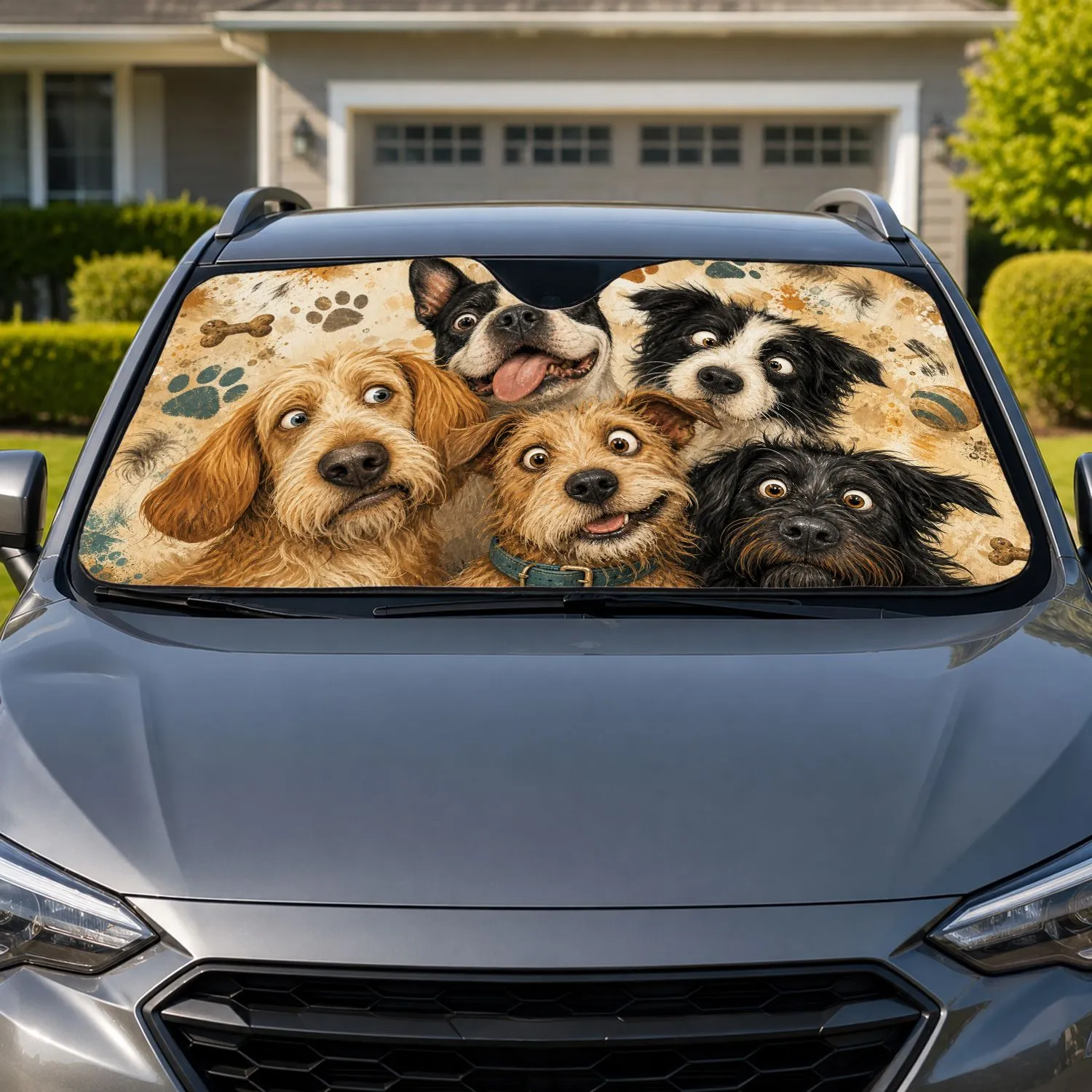 Funny Five Dog Group Portrait With Paw Accents For Pet Lover Road Trips And Daily Rides Car Sunshade - 1
