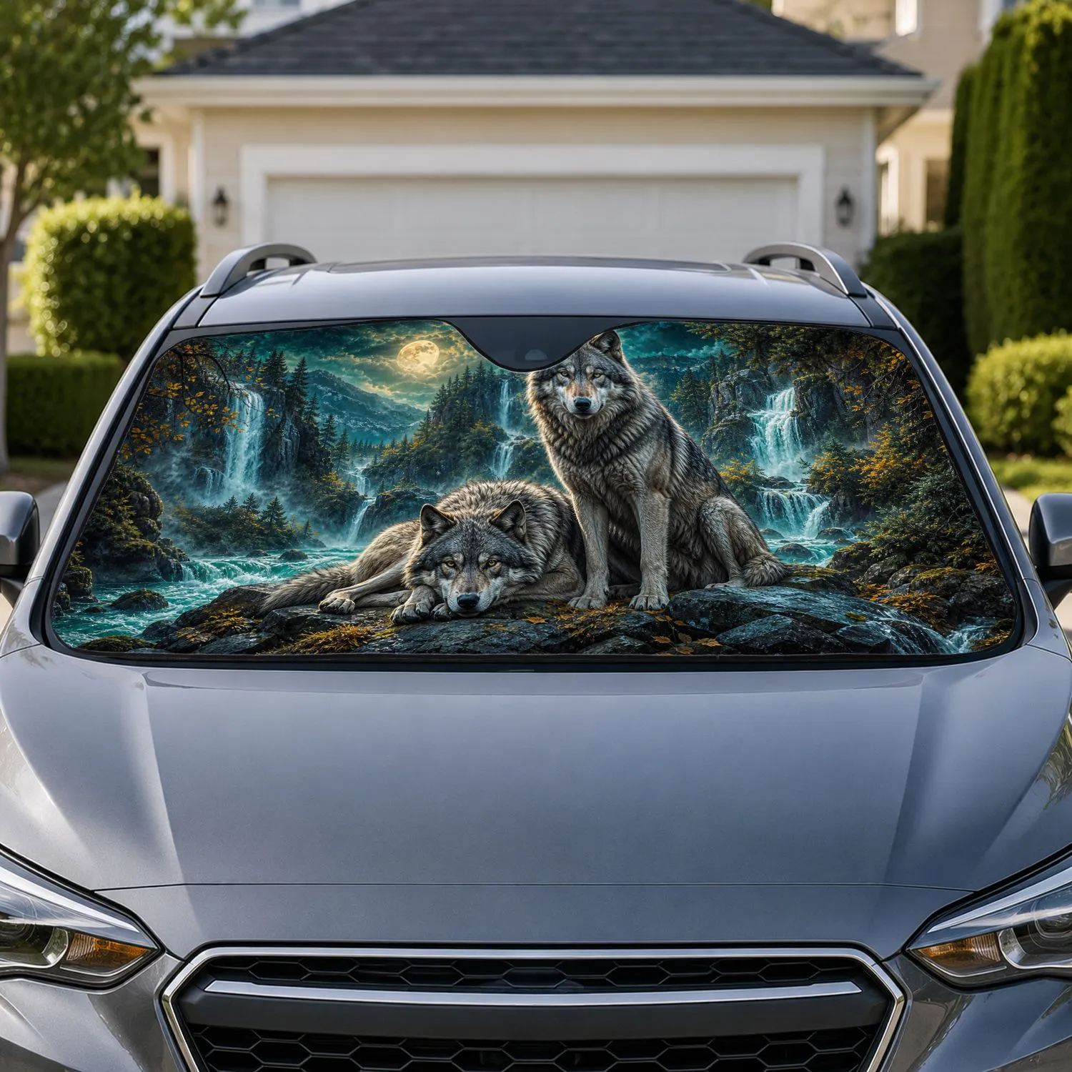 Moonlit Gray Wolves Waterfall Wilderness Scene For Outdoor Adventure Lovers And Campers Car Sunshade - 1