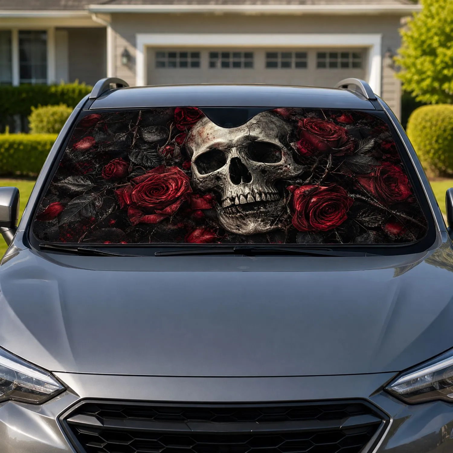 Gothic Skull With Crimson Roses Dark Romantic Decor For Metalhead Horror Fans And Goths Car Sunshade - 1