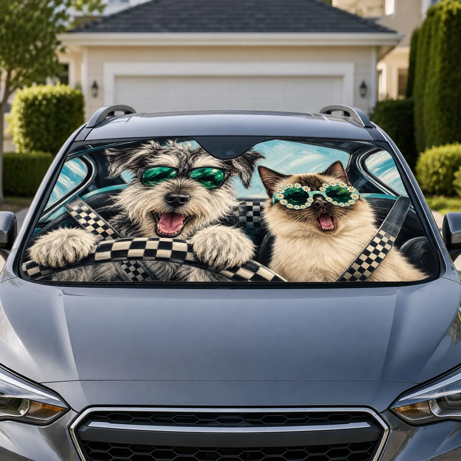 Shaggy Terrier In Sunglasses With Siamese Cat Road Trip Summer Pet Lovers Decor Gift Car Sunshade - 1