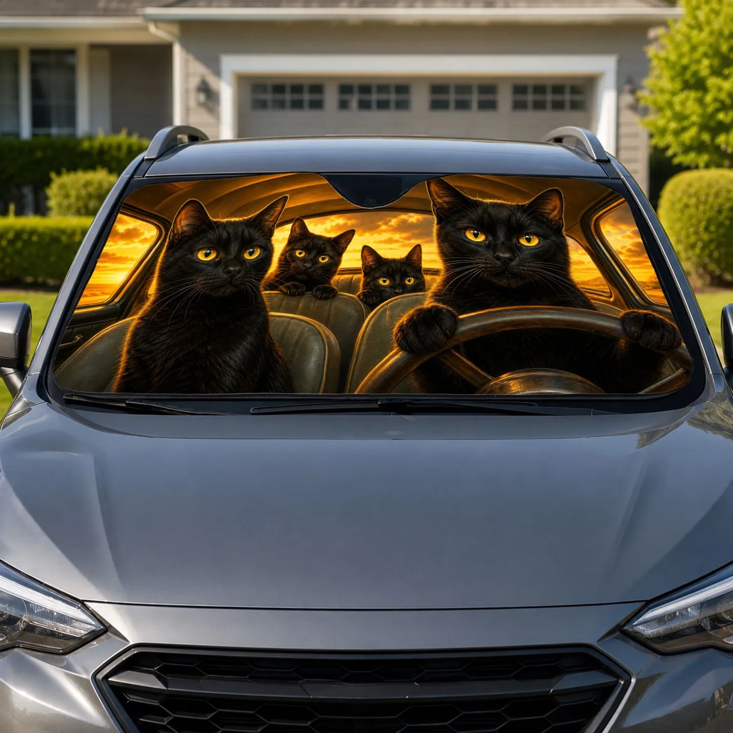 Black Cats With Golden Eyes Cozy Road Trip Cabin Scene For Cat Lovers And Drivers Car Sunshade - 1